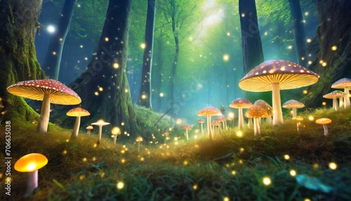 a landscape with magical mushrooms glowing and shining at dusk with fireflies and particles around and a dark forest of bondo with trees fairy tale scenario for a fantasy story or a wallpaper © Irene