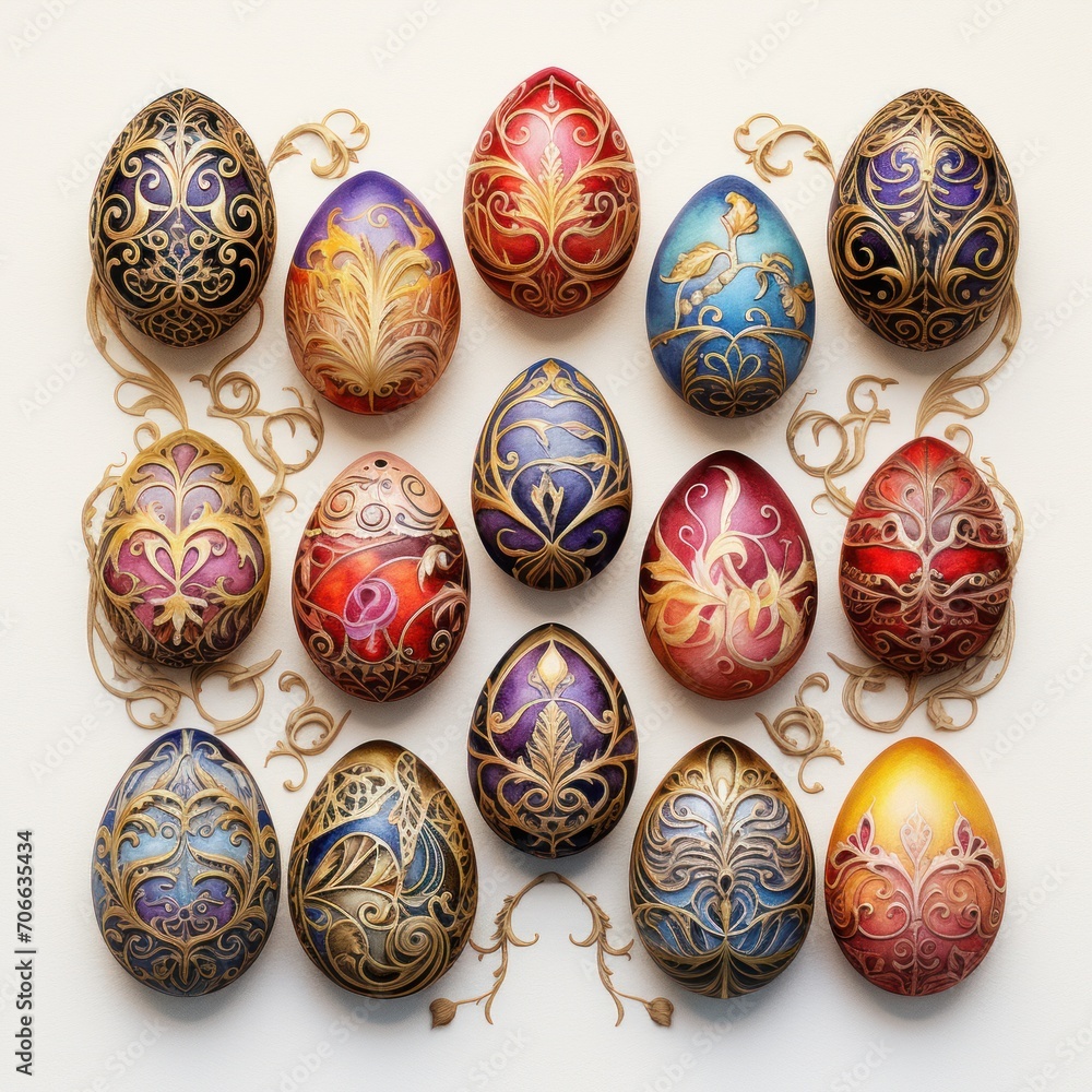 A collection of richly decorated Easter eggs with intricate designs and patterns.