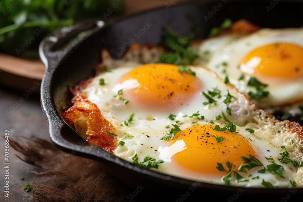 Fried eggs with herbs in pan on wooden background Fried eggs with herbs in pan on wooden background