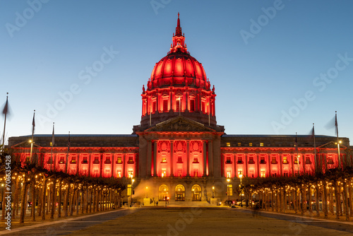 San Francisco City Hall lit up with red in support of the 49ers