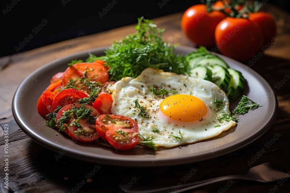 Fried eggs with vegetables and herbs in plate on wooden background