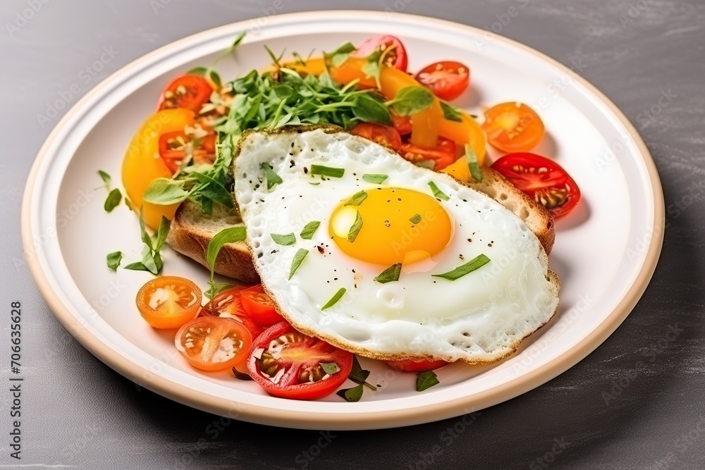 Fried eggs with vegetables and herbs in plate on grey background Fried eggs with vegetables and herbs in plate on grey background