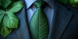 Businessman in a suit wears a tie made of green leaves, symbolizing environmental consciousness. promotes sustainability Ideal for eco-conscious and sustainable business themes