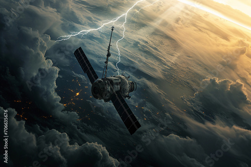 Weather satellite  hovering above a storm system  rain clouds swirling below  lightning flashes  dynamic lighting