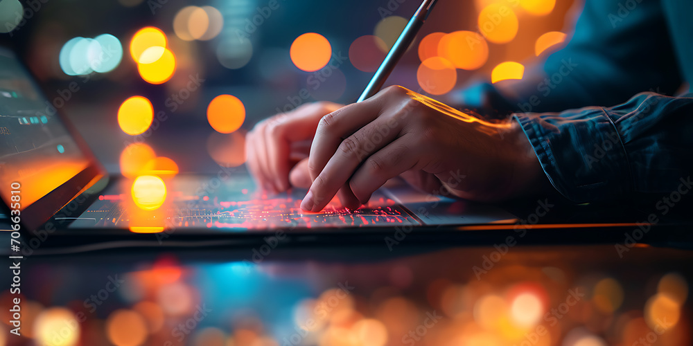 Uma imagem em close-up capturando um artista digital usando uma caneta stylus em uma mesa gráfica, dando vida a uma ilustração digital detalhada e vibrante. - obrazy, fototapety, plakaty 