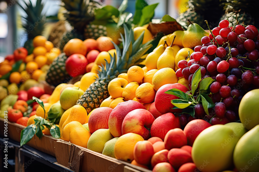 Assortment of ripe fruits on the market counter Assortment of ripe fruits on the market counter
