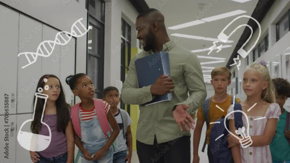 Animation of science icons over diverse schoolchildren and male teacher in corridor at school Animation of science icons over diverse schoolchildren and male teacher in corridor at school