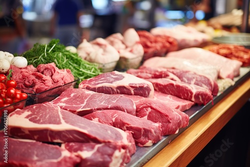 Assortment of raw meats on the market counter