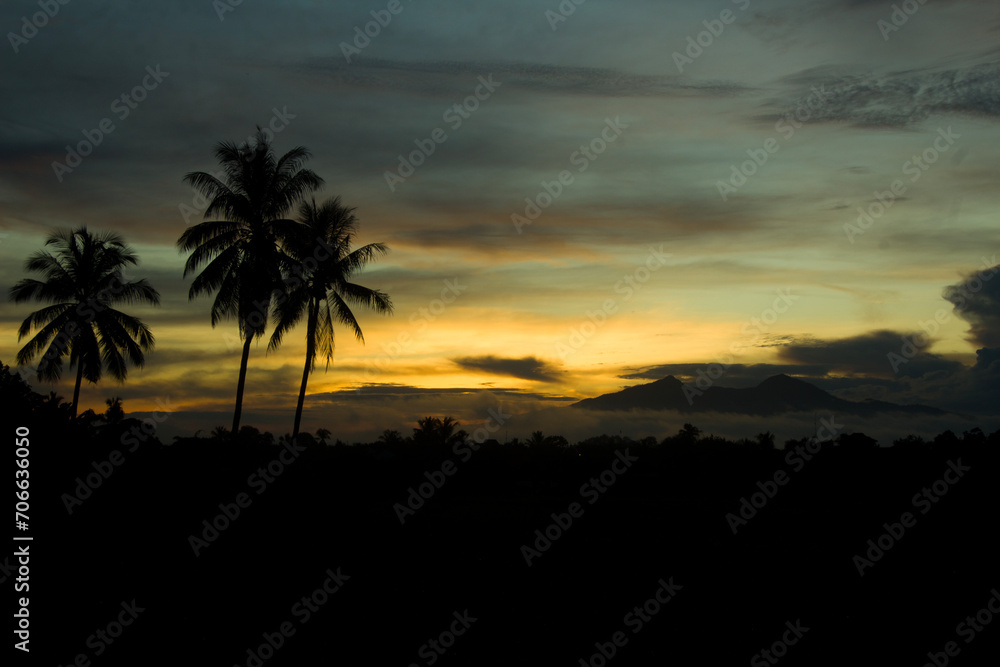 horizontal view of silhouettes of coconut trees and mountains in nature with golden blue and cloudy sky in the morning