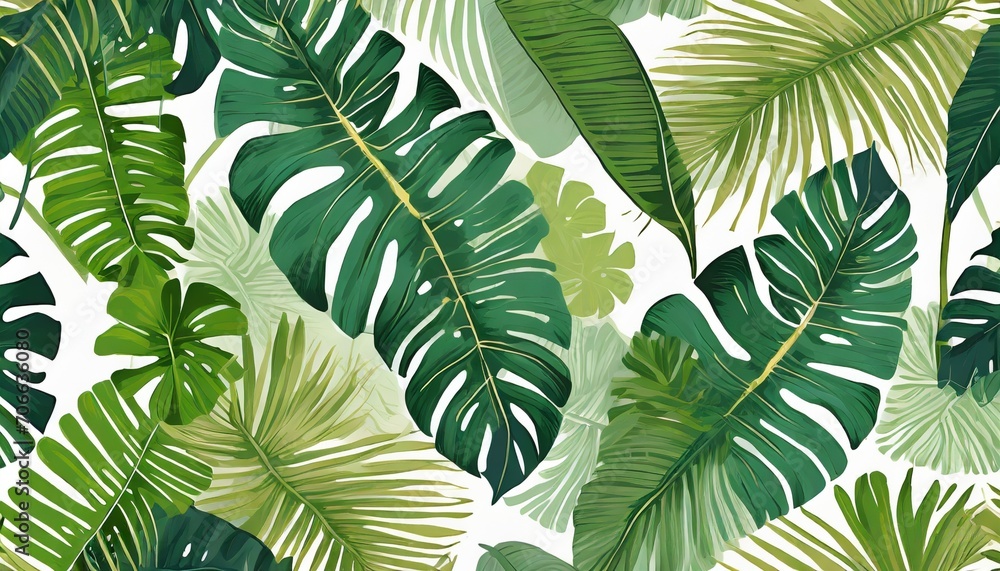tropical background vegetable seamless pattern rainforest jungle palm leaves monstera colocasia banana hand drawing for design of fabric paper wallpaper notebook covers