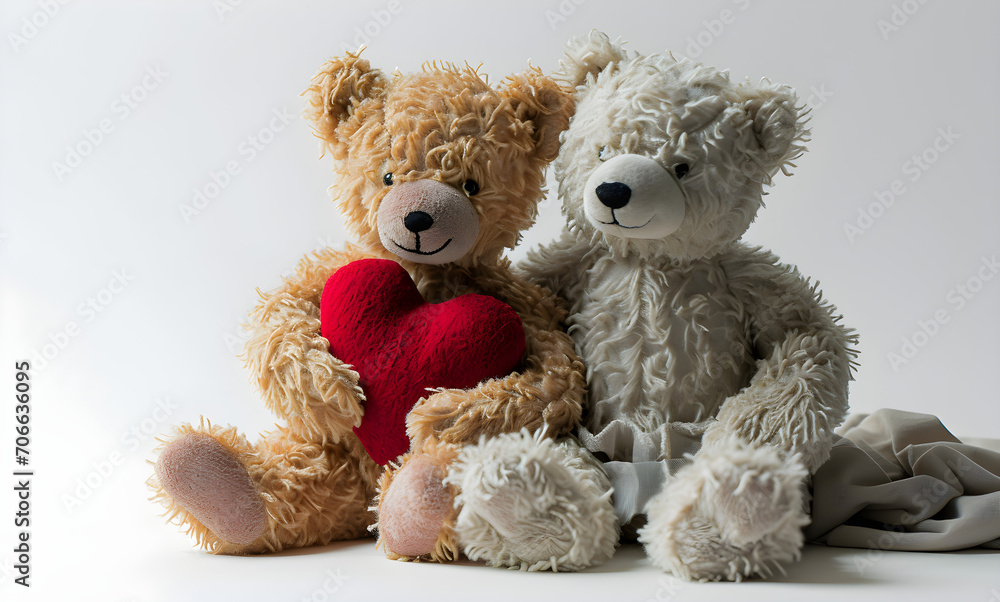 File with white background, two cute teddy bears holding a heart on white background,