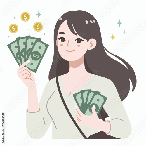 Vector woman holding a lot of money cartoon illustration