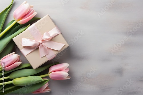 Flat lay of gift box with ribbon bow and bouquet of tulips on grey background. Mother's Day concept