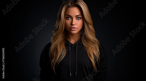 Handsome young female wearing black blank hoodie on dark background.  Image of elegant, stylish and self-confident woman, leading fashionable lifestyle. Space for your logo or design. Mockup for print