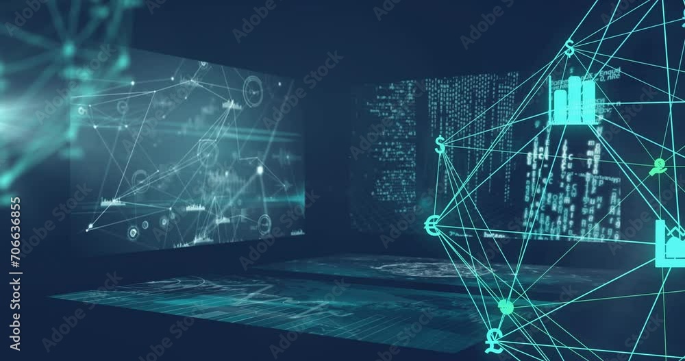 Animation of network of connections and data processing on black background