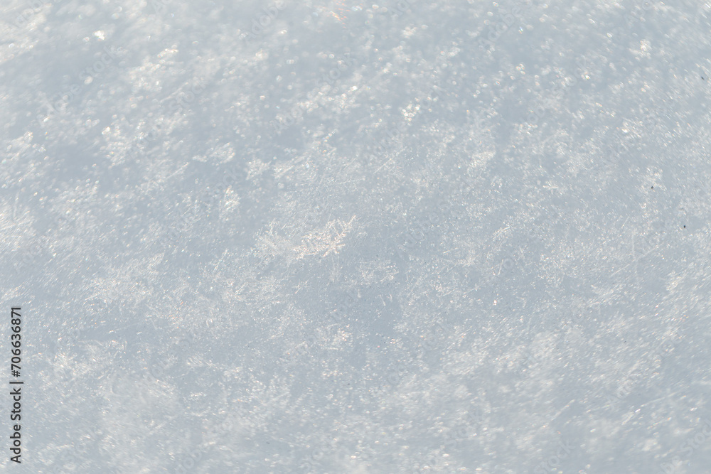White snow texture macro. Winter background. Snowflakes