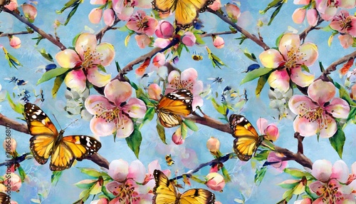 seamless pattern with peach blossom branch butterflies bees summer floral wallpaper with ripe fruits botanical background hand drawn watercolor illustration for wallpaper paper fabric © Irene
