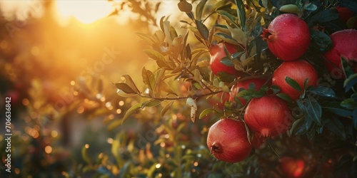 As the Sun Sets, Dew-Kissed Pomegranates Flourish in a Lush Plantation: Organic Farming Yields Fresh, Ripe Treasures Bursting with Flavor, Generative AI