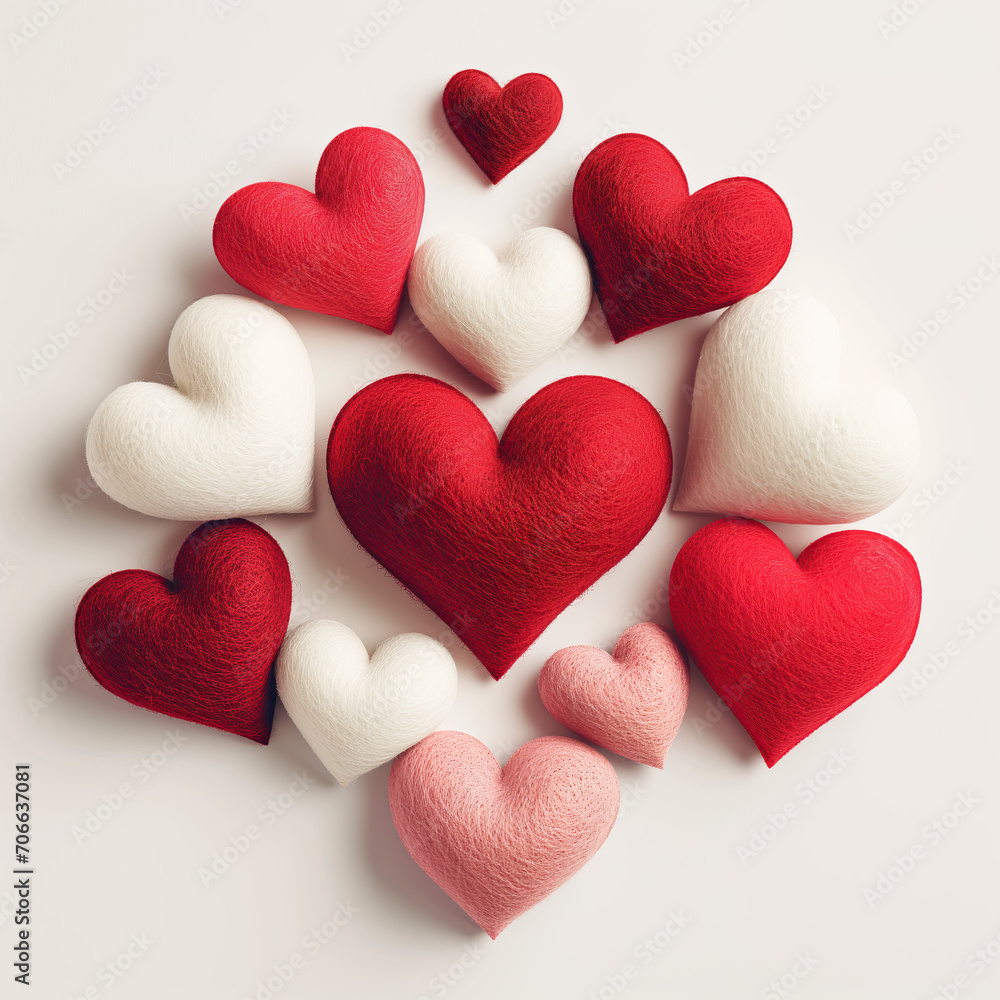 Fototapeta premium red, white and pink earts made with felt