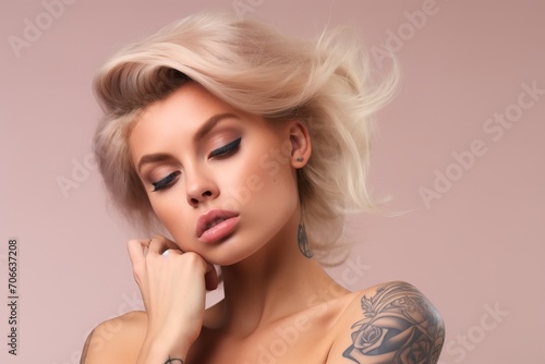 close-up studio fashion portrait of young white woman with perfect skin, short blond hair, tattoos on arms and eyes closed. beige background. Skin beauty, hormonal female health concept