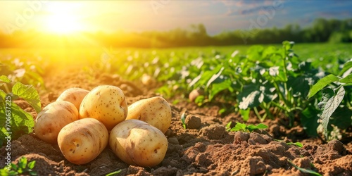 As the Sun Sets  a Flourishing Potato Field  Organic Farming Yields Fresh  Ripe Potatoes  a Staple of Nourishing Meals. Generative AI