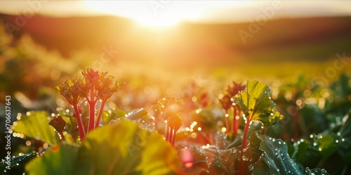 As the Sun Sets, Dew-Kissed Rhubarb Thrives in a Bountiful Field: Organic Farming Yields Fresh, Ripe Stalks Bursting with Flavor, Generative AI photo