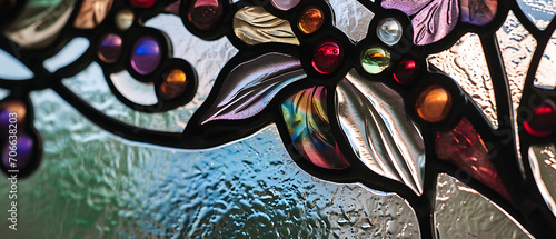 Um close-up de uma vitral Art Nouveau detalhado e intrincado, com formas orgânicas e linhas fluidas inspiradas pela natureza photo