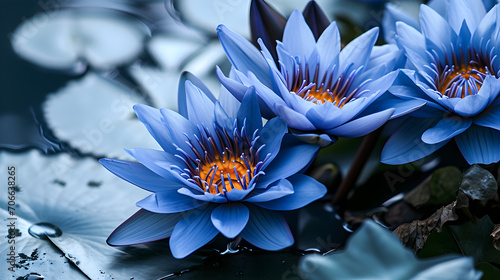 flower background with copy space, featuring blue lotus (nymphaea caerulea) composition for graphic design project photo