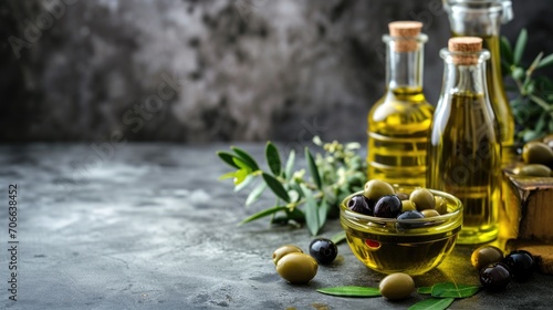olives and a bottle of olive oil as a useful product for healthy eating and care