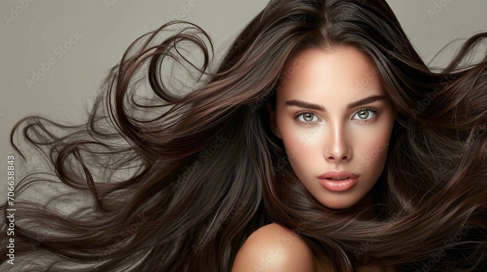 Naklejka premium Beautiful Brunette Girl. Healthy Long Hair fully paving the backgrounds, shiny and smooth texture.