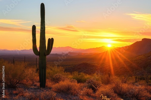 Solitary cactus standing tall against a backdrop of a desert sunset