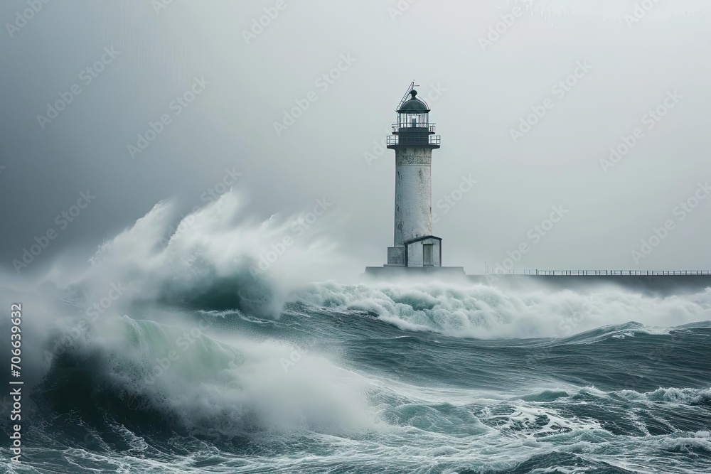Solitary lighthouse against a stormy sea backdrop