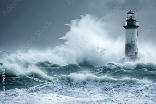Solitary lighthouse against a stormy sea backdrop © Jelena