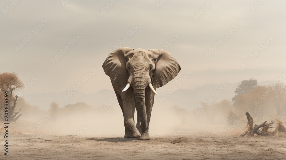 Lonely elephant walking in the fog