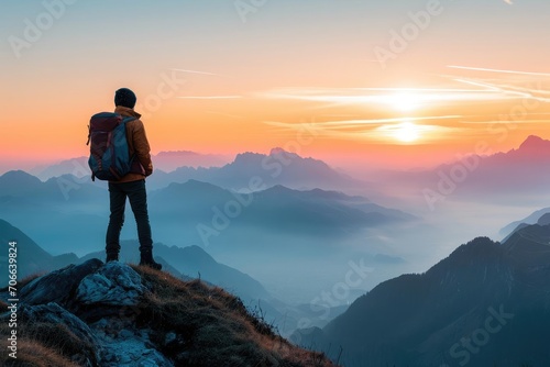 Solo hiker overlooking a mountain vista at sunrise
