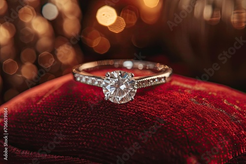 Sparkling diamond ring elegantly displayed on a velvet cushion © Jelena