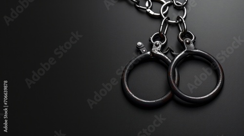 Classic chain handcuffs hanging on black background