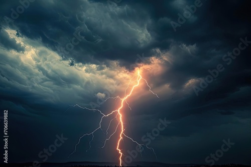 Striking lightning bolt against a dark stormy sky