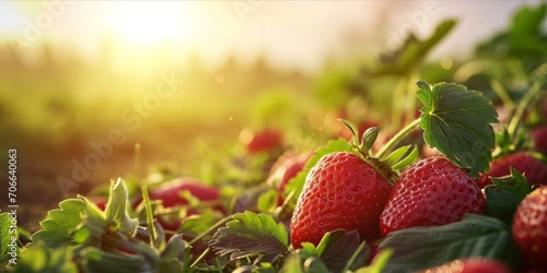 As the Sun Sets, a Lush Strawberry Field Flourishes: Organic Farming Yields Fresh, Ripe Berries, Natures Bounty, Generative AI photo