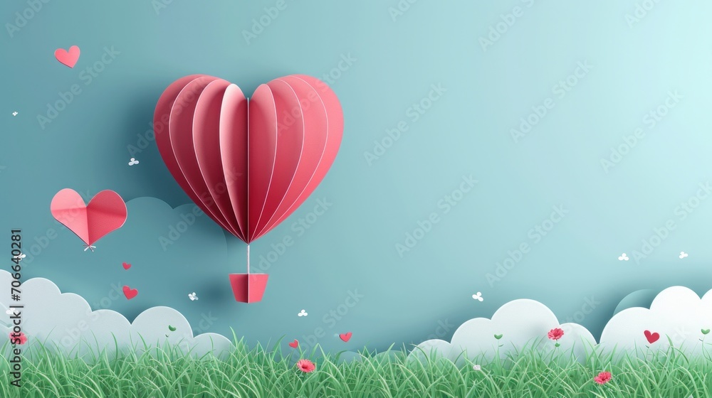 Origami made hot air balloon flying over grass with heart float on the sky
