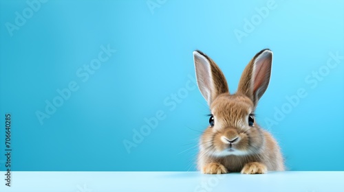 Fluffy Bunny in front of a turquoise Wallpaper. Blank Background with Copy Space