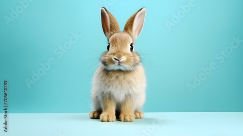 Fluffy Bunny in front of a turquoise Wallpaper. Blank Background with Copy Space