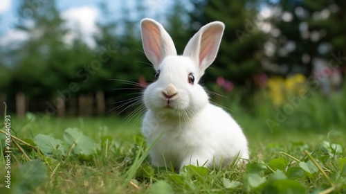 Beautiful cute white rabbit on green grass