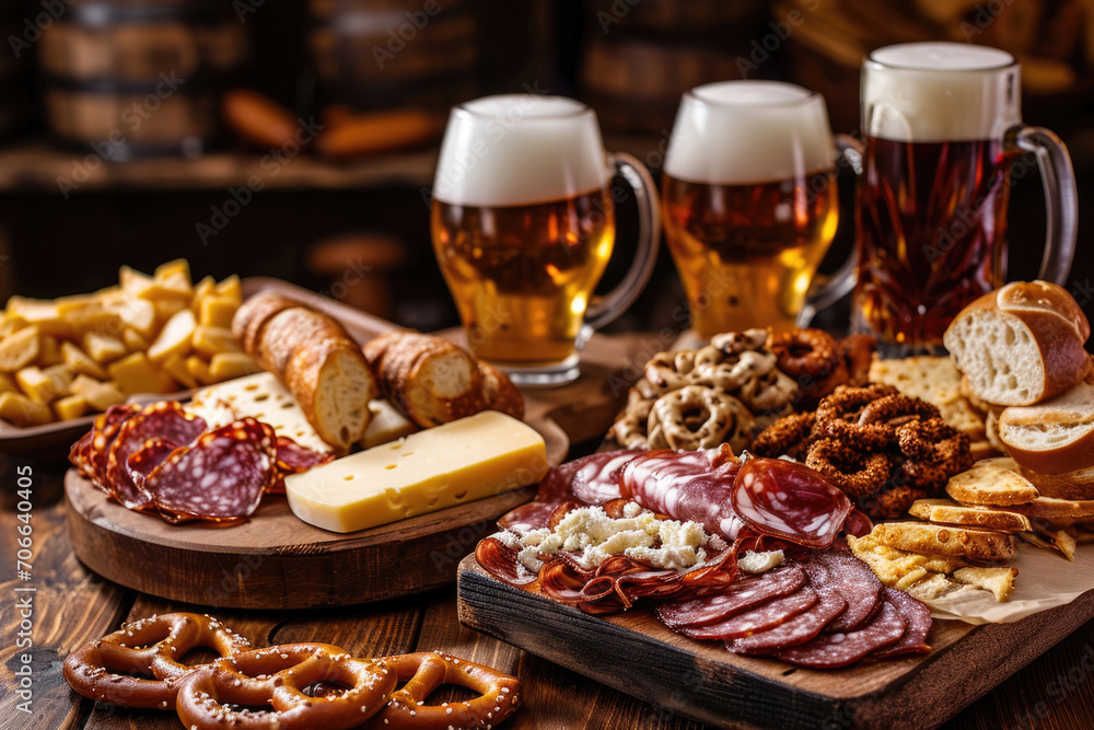 A platter of Belgian beer snacks, including artisanal cheeses, cured meats, and crispy pretzels