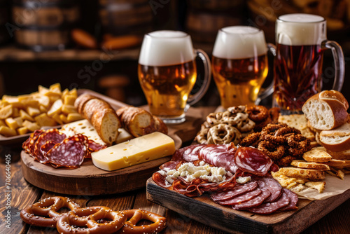 A platter of Belgian beer snacks  including artisanal cheeses  cured meats  and crispy pretzels