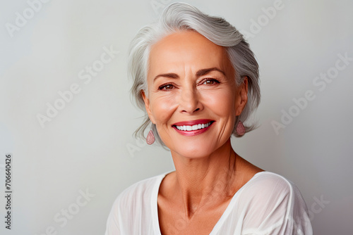 Elderly woman with healthy facial skin on gray background. Beautiful aging mature woman with gray hair  happy face. Concept of advertising beauty and cosmetics for women s skin care. Copy space.