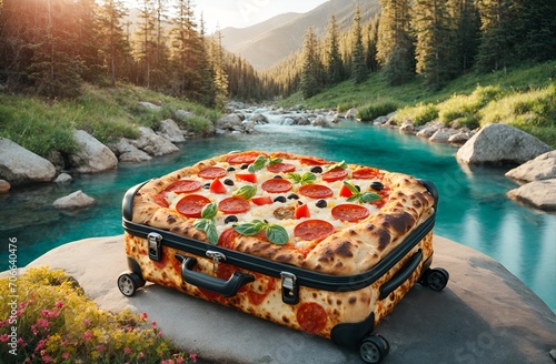 A travel suitcase designed to look like a pizza