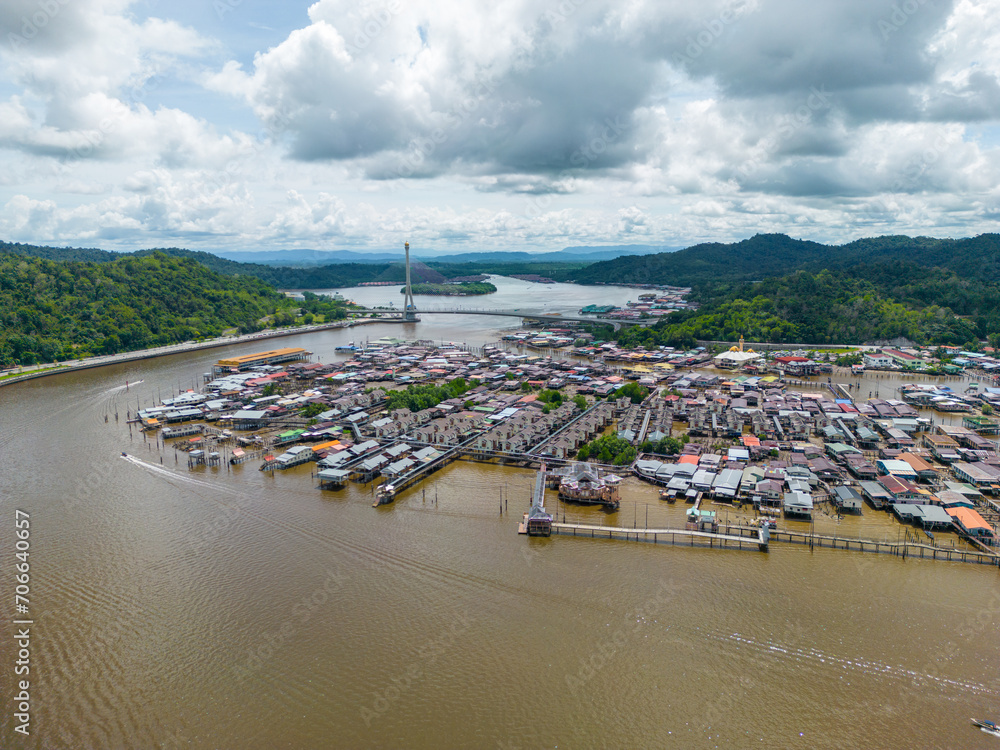 Bandar Seri Begawan floating village. Aerial View. Bandar Seri Begawan, the capital of Brunei Darussalam. Borneo. Southeast Asia.