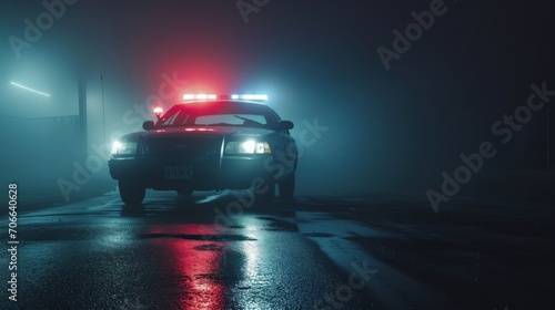 View of a stationary police car, its lights and siren activated, piercing through the mist of a night scene photo