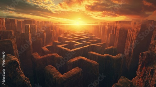 A labyrinthine rock formation reminiscent of "Maze Runner," set against a stunning sunset backdrop © Chingiz